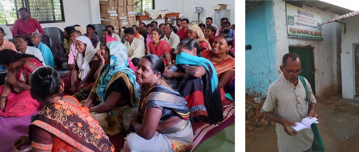 Left: Members of a gram sabha in Korchi block; Right: A tribal resident of Korchi’s Salhe village with his tendu job card outside Korchi Mahagramsabha office.