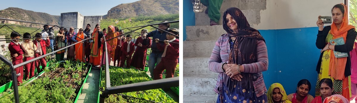 The rooftop intervention being showcased to the community members during the workshop and residents sharing their views and stories. Photos by Siddharth Thyagarajan/WRI India.