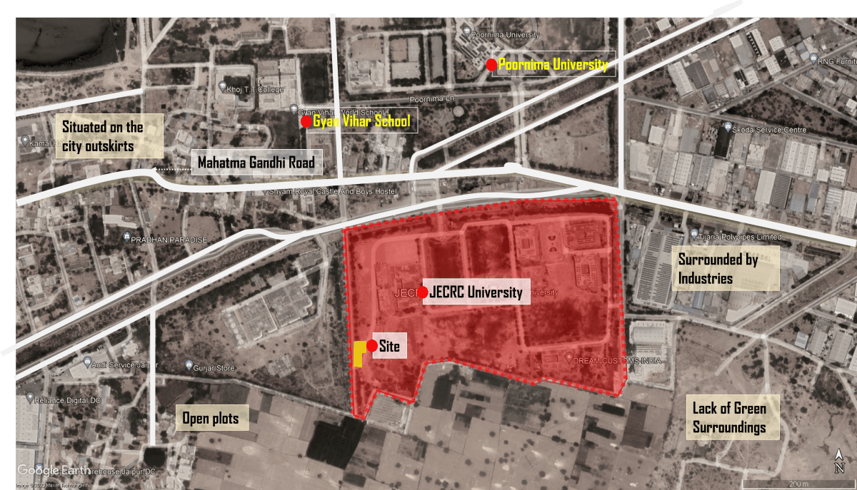 The JECRC University campus is in the city outskirts and is extremely susceptible to heat risks. Mapping by Himanshi Kapoor/ WRI India.