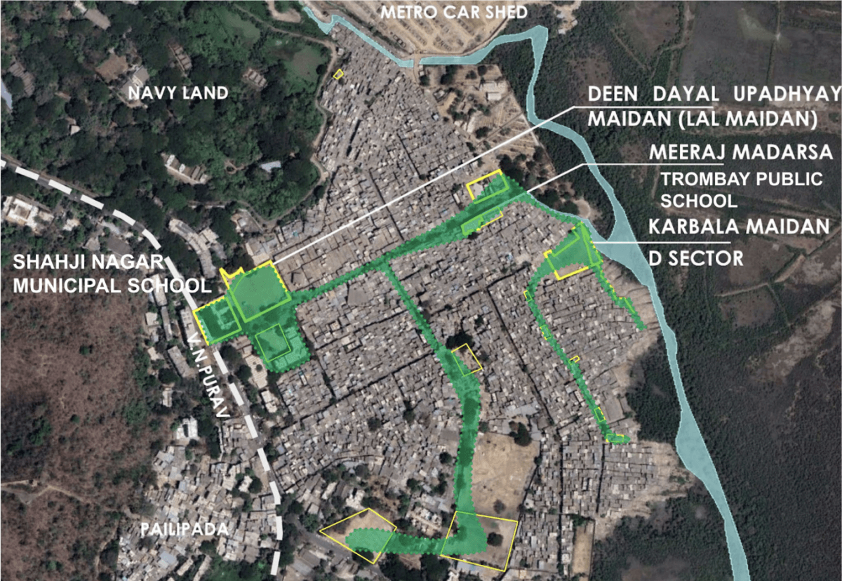 Representative illustration of how multiple small-scale interventions can create green connecting corridors in the future, for Cheeta Camp, Trombay. Illustration by Avinash Kaur/Transforming M Ward Project, TISS.