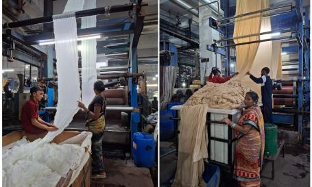Women workers in a Surat textile unit handling fabric rolling and operating machine. Photo by Bhawna Ahuja/WRI India. 