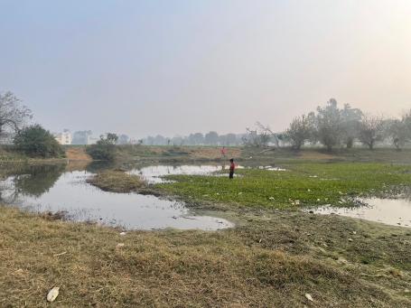 Children playing along the shallow edges of the Nurpur Pond. Photo by Pramada Jagtap/ WRI India.