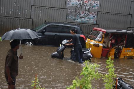Flooded street on a rainy day in Hyderabad
